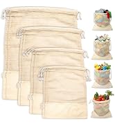 LEAFICO Reusable Produce Bags – 100% Cotton Mesh & Solid Hybrid (Mixed Sizes 8 Pcs – S/M/L/XL) – ...