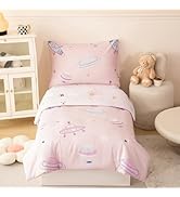 PERFEMET 4 Piece Toddler Girl Bedding Set Space Theme Pink Toddler Bed Set with Sheets Soft Rever...