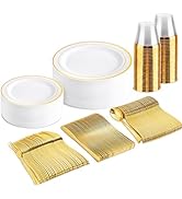 bUCLA 150PCS Gold Plastic Dinnerware Set Disposable - 25 Guests Heavy Duty Gold Plastic Plates Di...