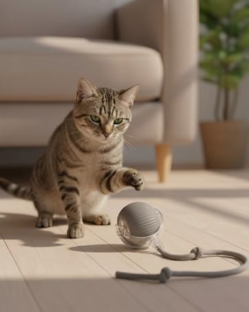 A tabby cat batting at a grey interactive toy ball with a rope tail in a sunlit room.