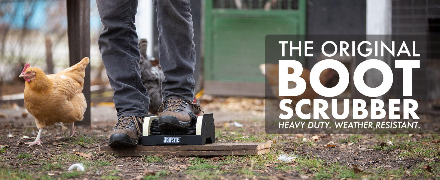 Person scrubbing off boots with chicken in background. Text reads "the original boot scrubber"