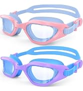 Kids Swim Goggles in Dual-Tone, Adjustable Nose Pads & Soft Silicone for Leak-proof(6-14), Clear ...
