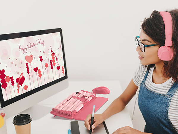 Pink Retro Typewriter Keyboard and Mouse Combo for Girls Special gifts on Valentine's Day