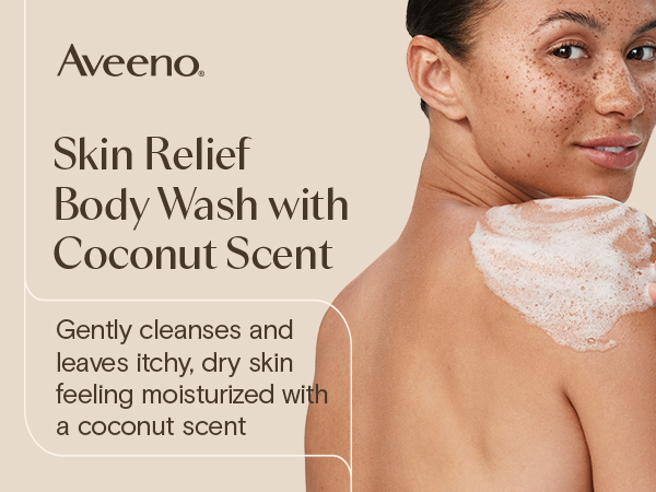 Skin relief body wash with coconut scent, gently cleanses, leaves itchy skin moisturized