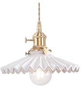 Shenmoyl Pendant Light with White Pleated Ceramic Lmapshade, Brass Vintage Pendant Light Adjustab...