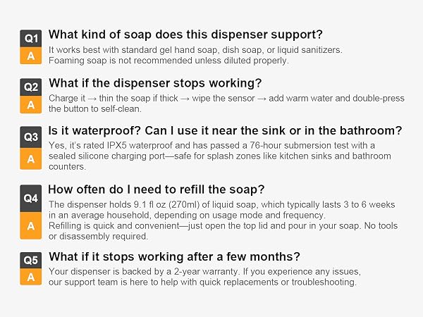Soap dispenser FAQ covers soap types, refill time, quick fixes, and 2-year care service.