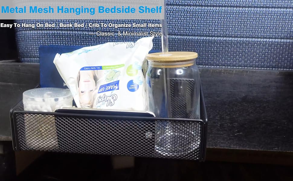 Metal Mesh Hanging Storage Organizer Beside Shelf for Collage Dorm Bed