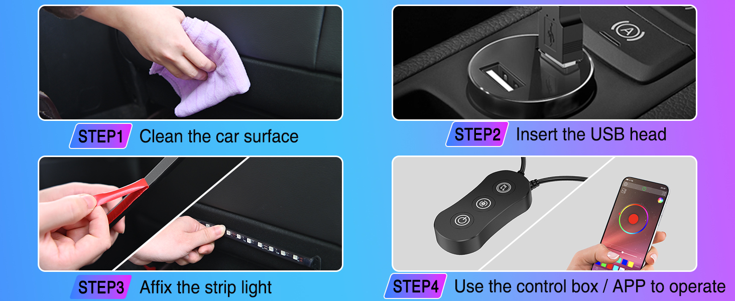 4PCS USB Interior Car Lights 48 LEDs RGB LED Strips Lights with App Control
