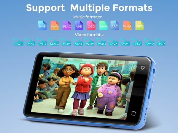 Blue device display showing supported file formats for music and video, with colorful format icons and a mobile device showing animation.