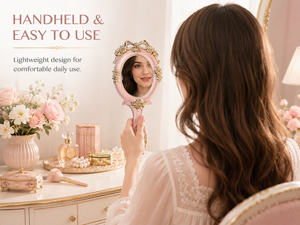 Portable Oval Embossed Rose Mirrors Decorative Desk Girl Student Vintage Beautiful Handle Mirror