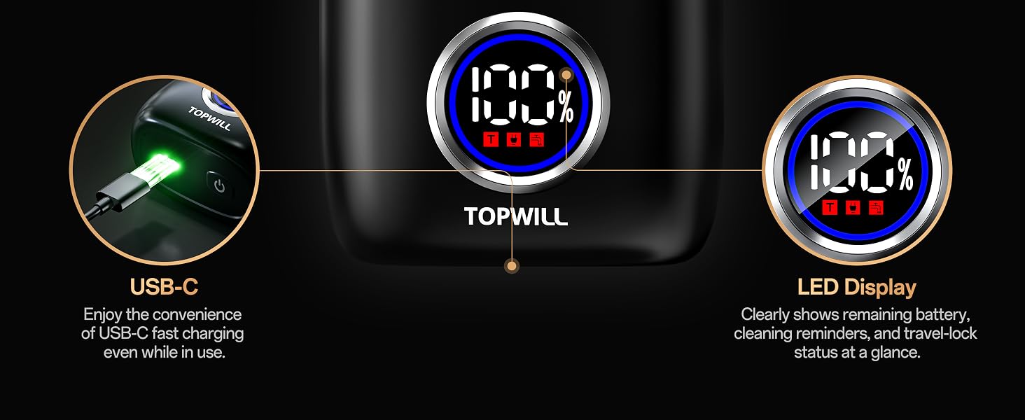LED Display Clearly shows remaining battery, cleaning reminders, and travel-lock status at a glance