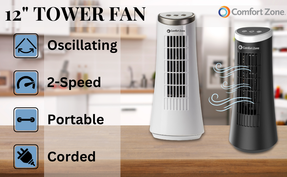 comfort zone portable 12 inch oscillating tower fan black white 2-speed