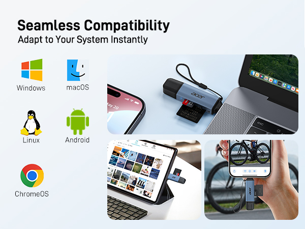 Text reads 'Seamless Compatibility' and 'Adapt to Your System Instantly'. Shows operating system icons (Windows, macOS, Linux, Android, ChromeOS) with product demonstration images of device mounting system.