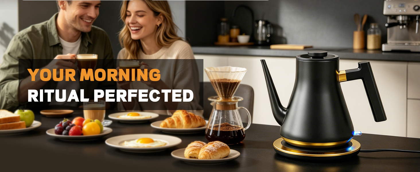 Happy couple enjoying morning ritual with stainless steel gooseneck electric kettle at dining room