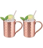 TJ Moscow Mule Mugs Set of 2, 100% Pure Copper Cups 14 oz, Handcrafted Copper Mugs w/Straws, Tarn...