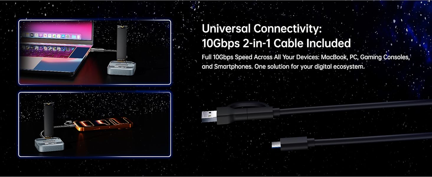 usb to nvme adapter connected to multiple devices using 2-in-1 usb-c cable