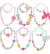 PinkSheep Kids Classic Jewelry, 6 Sets of Beaded Necklaces and Bracelets for Girls, Favors Bags f...