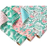 American Greetings Reversible Palms, Sloths, Flamingo Wrapping Paper for All Occasion, Green and ...