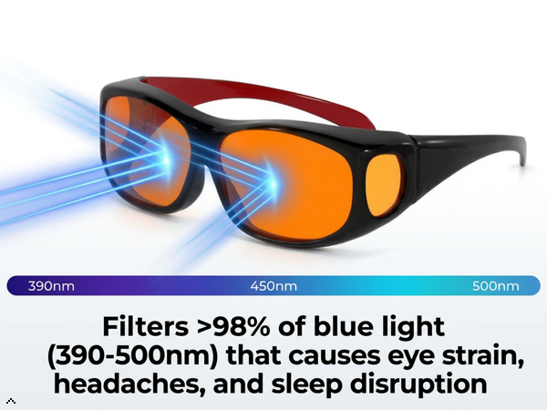 Blue light blocking technology, 390-500nm spectrum protection, Sleep quality support