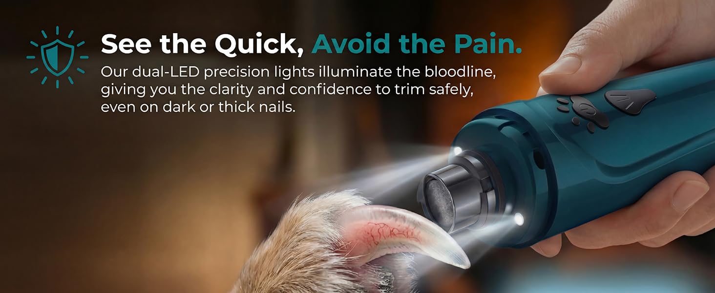 Close-up of YABIFE dog nail grinder lights showing better quick visibility for safer nail trimming