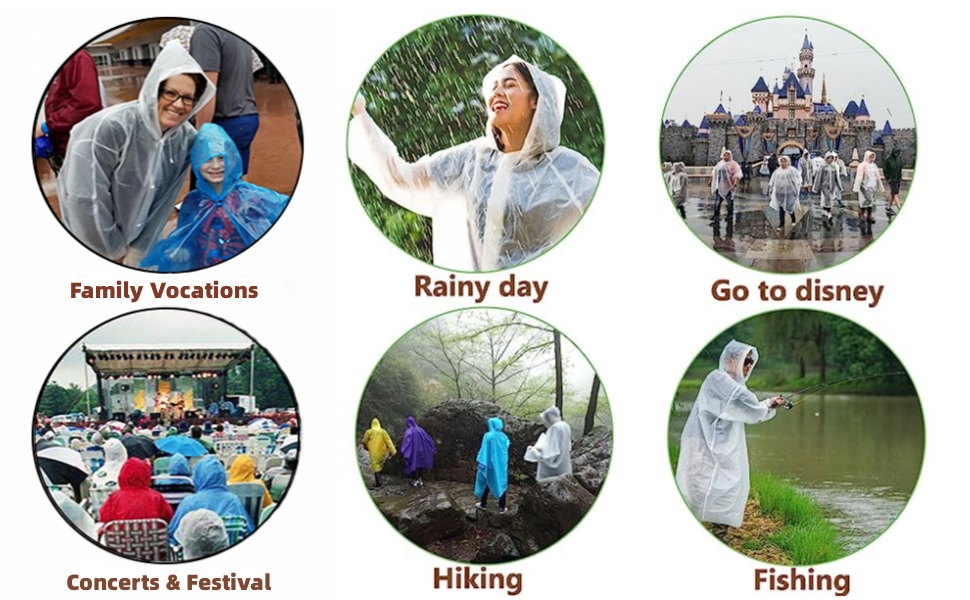 Six circular icons showing different outdoor activities: family vacations, rainy day activities, Disney visits, concerts/festivals, hiking, and fishing. Each with representative imagery.