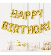 Haolongfa Gold Happy Birthday Balloon Banner, 16 In Foil Letter | Gold Hbd Mylar Party Balloon, B...
