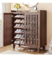 IRONCK Shoe Cabinet with Slatted Doors, 6-Tier Shoe Storage Cabinet with Adjustable Shelves, Wood...