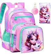gxtvo 3PCS Girls Backpack, 16" Sequin Prechool Elementary Bookbag and Lunch Box