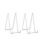 Four identical clear acrylic or plastic display stands with triangular support design, arranged in a row.
