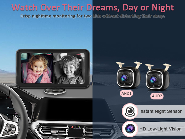 Dual IR Night Vision Cameras, Easy No-Damage Install Ideal Car Seat Monitor for Parents and Pet