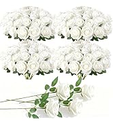 100 Pcs Fake Roses Bulk White Artificial Flowers, Artificial Velvet Silk Roses Bouquet with Stems...