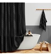BTTN Black Boho Farmhouse Shower Curtain, Tufted Leaves Textured Striped Fabric Shower Curtain Se...