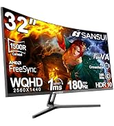 SANSUI 32-Inch Curved Gaming Monitor WQHD 2560 x 1440 180Hz Curved 1500R -Fast VA,1ms(OD), HDR, 3...