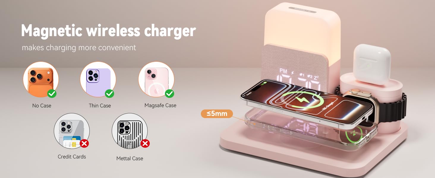 Text reads 'Magnetic wireless charger'. Pink charging dock with multiple device compartments and charging cable included.