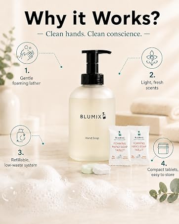 Blumix foaming hand soap is gentle, low waste and available in compact lighly scented tablets.