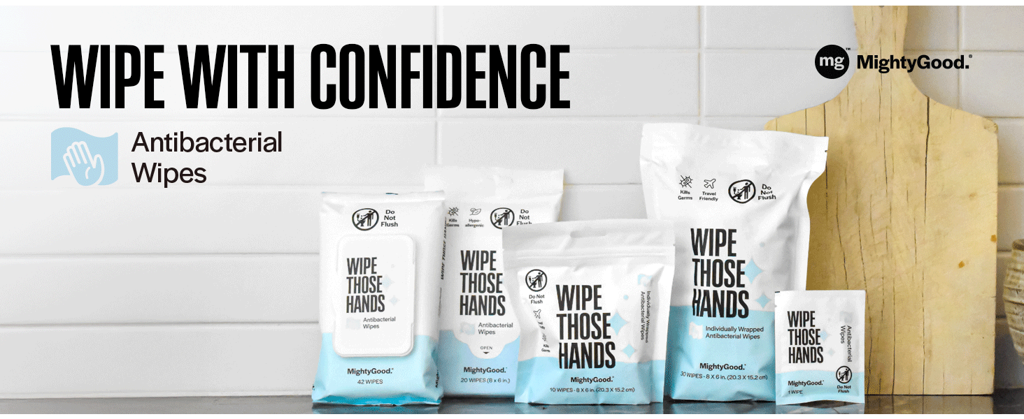 Wipe Those Hands in various product sizes with headline "Wipe With Confidence" and "Antibacterial"