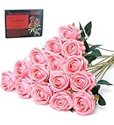 SITUMEIZI 15PCS Pink Roses Artificial Silk Flowers Fake Roses Bouquet with Long Stem Real Touch f...