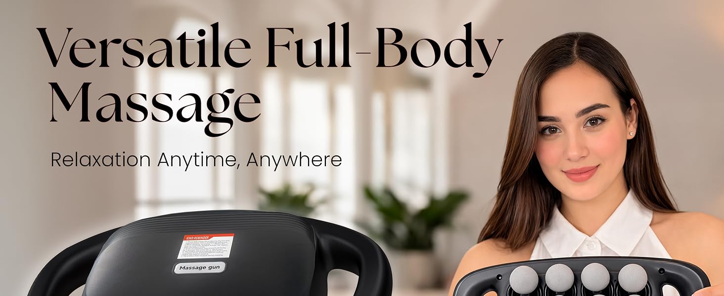 Woman holding a 16-head full-body massager beside product close-up