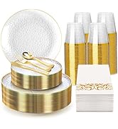 Pryntono 350PCS Clear Gold Plastic Dinnerware Set, Clear and Gold Plastic Plates, Include 100 Pla...