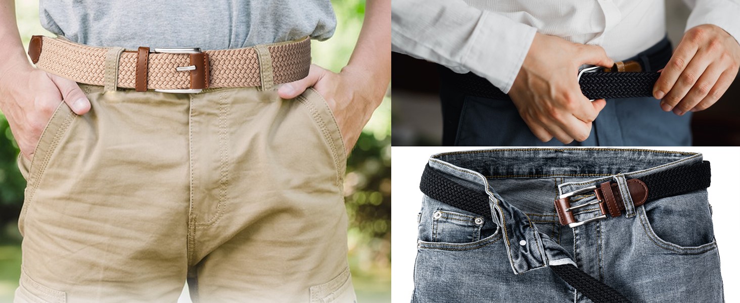 Braided Stretch Belt Mens Gift Elastic Woven Belt for Golf Casual Pants Shirts Jeans