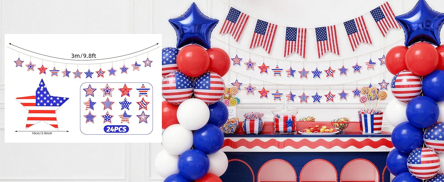 24 Pcs Patriotic Star Hanging Decorations