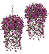 Geegoods Artificial Hanging Flowers Plants for Outdoor, 2 Set Faux Hanging Violet Flowers Baskets...