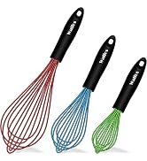 Walfos Silicone Whisk, Stainless Steel Wire Whisk Set of 3 Heat Resistant Kitchen Whisks for Non-...