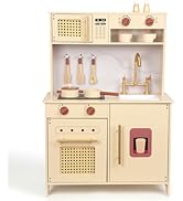 Wooden Kitchen Playsets for Kids, Pretend Play Kitchen with Realistic Clicking Sounds, Gold Fauce...