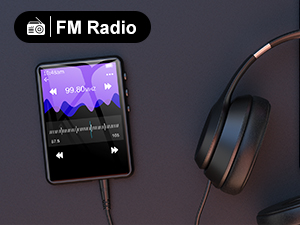 Portable FM radio device with a colorful digital display showing music visualizations, placed next to a pair of over-ear headphones on a dark surface.