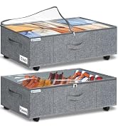punemi 10 inch Tall Under Bed Storage Bins with Wheels, 2-Pack, Gray | Clear Lids, 5-Wheel Rollin...
