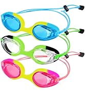 XDX Kids Swim Goggles, 3 Pack Swim Goggles with Adjust Bungee Strap, No Leaking Anti Fog Kids Gog...