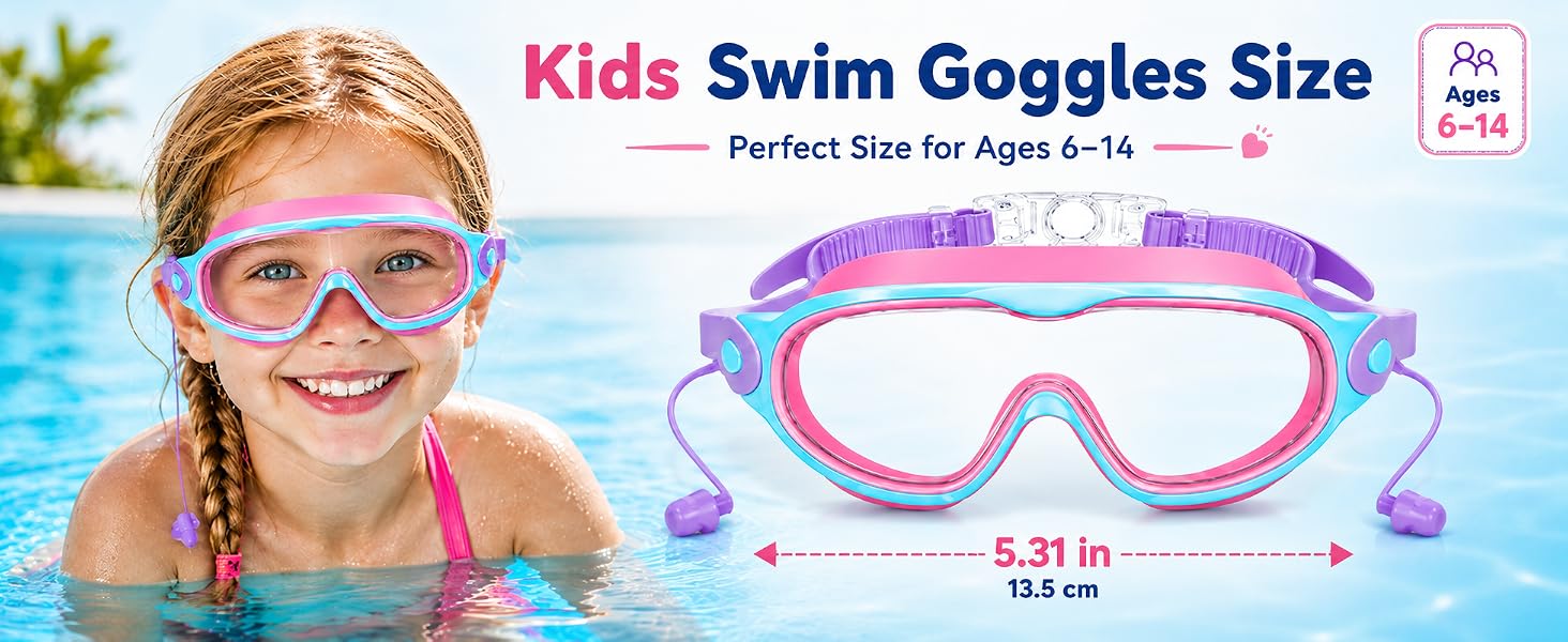Text reads 'Kids Swim Goggles Size', 'Perfect size for Ages 4-15', 'S-231 in', 'S3 cm'. Purple and pink children's swimming goggles with size dimensions displayed. Young child wearing colorful swim goggles shown in pool setting.