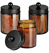 Amber Glass Qtip Holder, Apothecary Jar,Qtip Dispenser with Metal Lid & Stickers- 3Pack Container...
