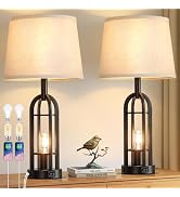 SRJJA Black Table Lamps for Living Room Set of 2 - Farmhouse Lamps for Night Stands with USB A+C,...